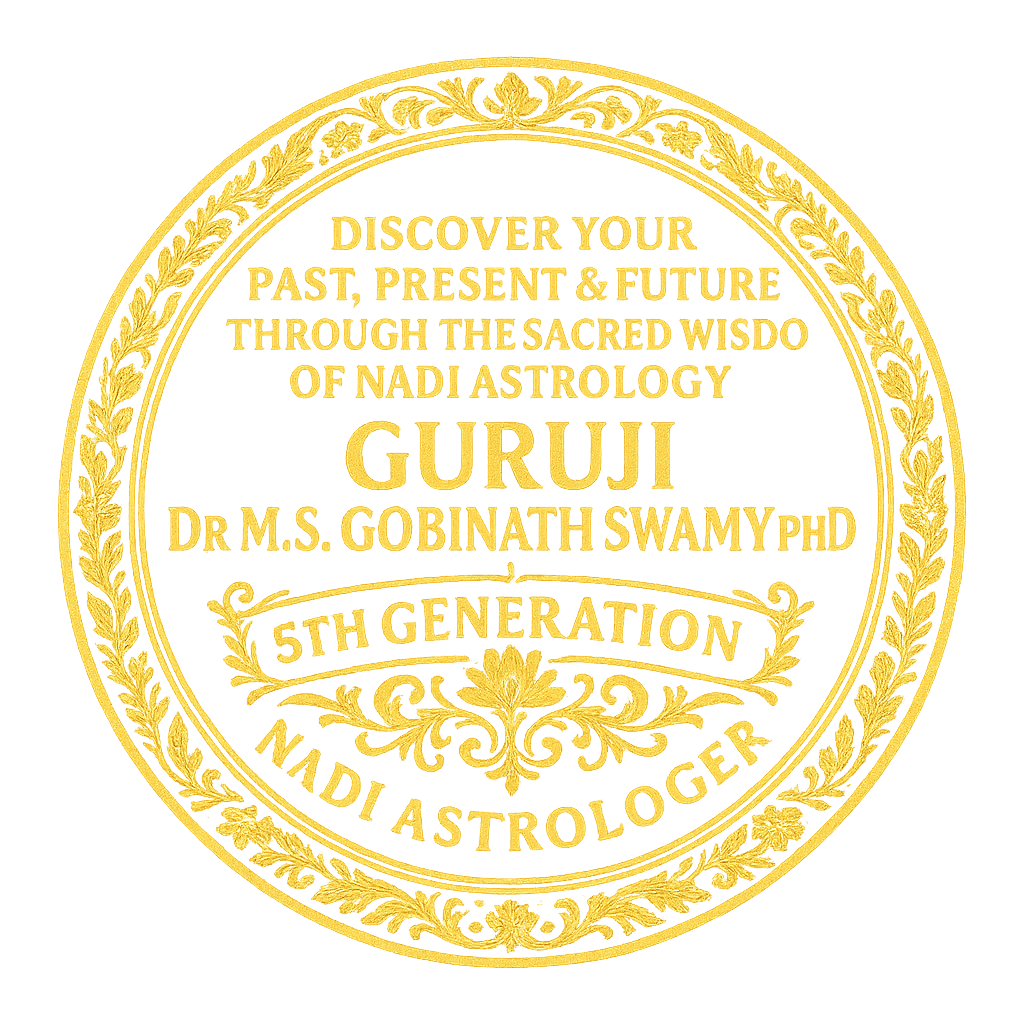 Golden emblem of Guruji Dr. M. S. Gobinath Swamy Ph.D., 5th-generation astrologer offering authentic Nadi Astrology in Vaitheeswaran Koil.