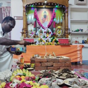 Agasthiyar Nadi Astrology puja offerings with fruits, flowers, and havan kund in Madurai.
