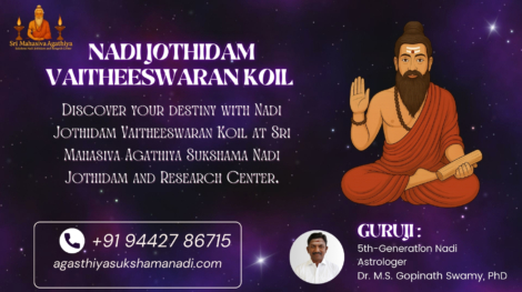 Illustration of sage holding palm leaf with text “Nadi Jothidam Vaitheeswaran Koil” for Sri Mahasiva Agathiya Sukshama Nadi Jothidam and Research Center.