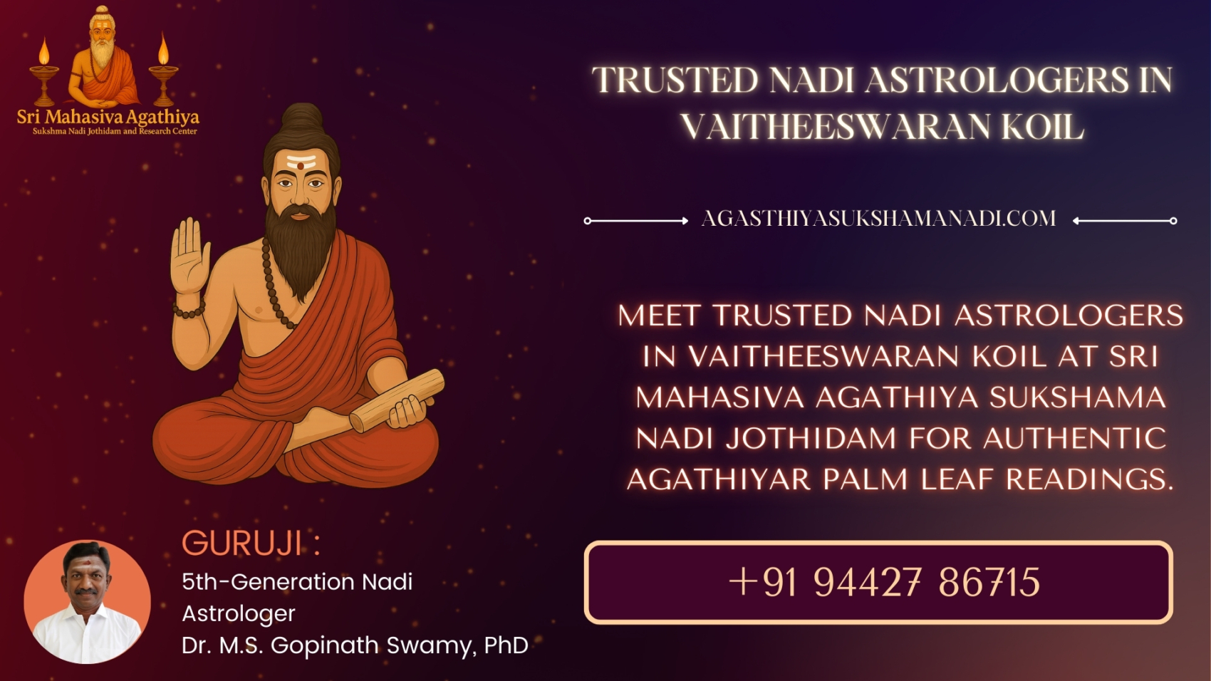 Trusted Nadi astrologers in Vaitheeswaran Koil at Sri Mahasiva Agathiya Sukshama Nadi Jothidam for authentic Agathiyar palm leaf readings.