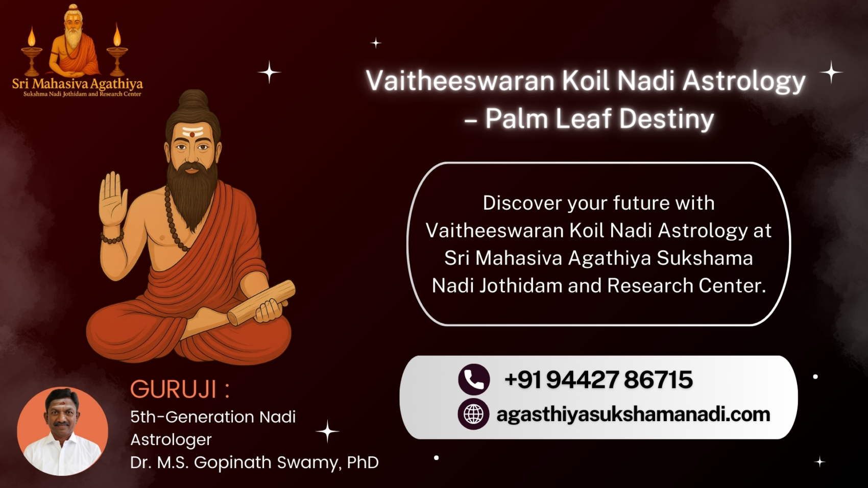 Illustration of sage with palm leaf representing Vaitheeswaran Koil Nadi Astrology at Sri Mahasiva Agathiya Sukshama Nadi Jothidam and Research Center.