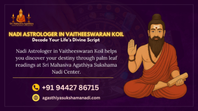 Illustration of sage holding palm leaf promoting Nadi Astrologer in Vaitheeswaran Koil by Sri Mahasiva Agathiya Sukshama Nadi Jothidam and Research Center.