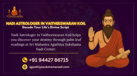 Illustration of sage holding palm leaf promoting Nadi Astrologer in Vaitheeswaran Koil by Sri Mahasiva Agathiya Sukshama Nadi Jothidam and Research Center.