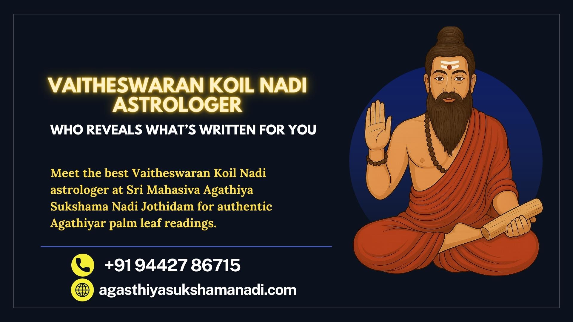 Vaitheswaran Koil Nadi astrologer at Sri Mahasiva Agathiya Sukshama Nadi Jothidam offering authentic Agathiyar palm leaf astrology readings.