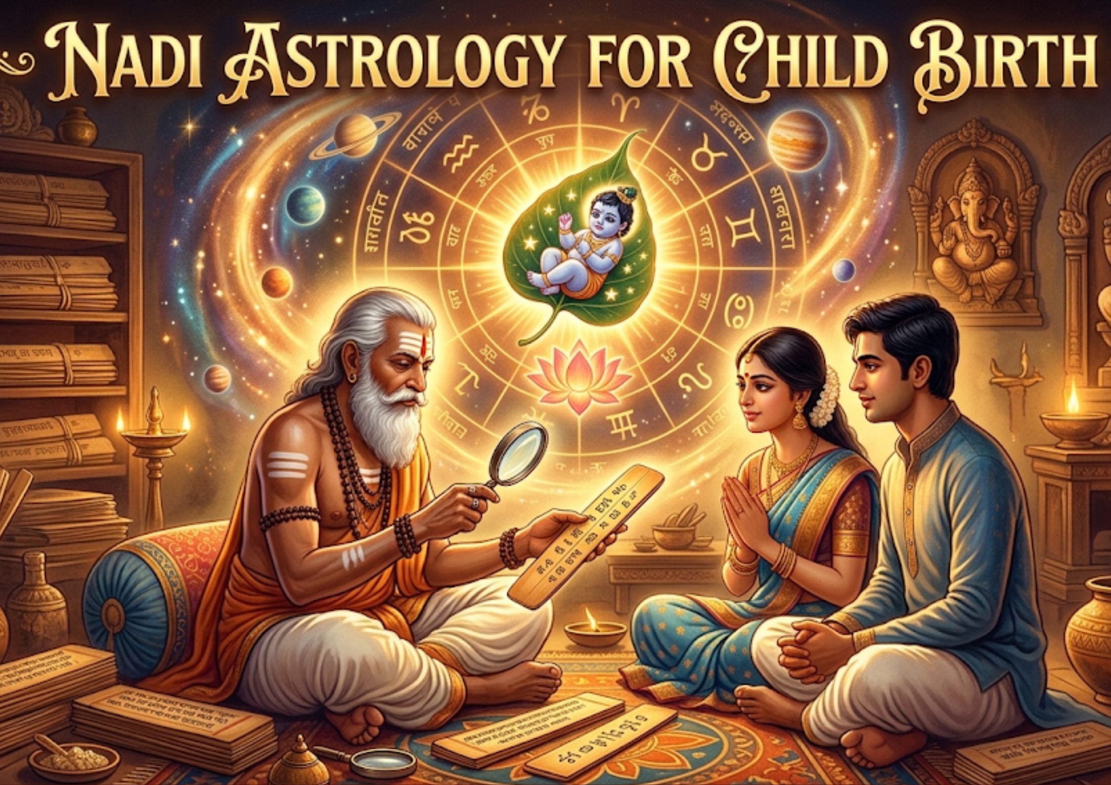 Nadi astrology for child birth reveals parenthood timing, family blessings, and spiritual remedies through palm leaf readings.
